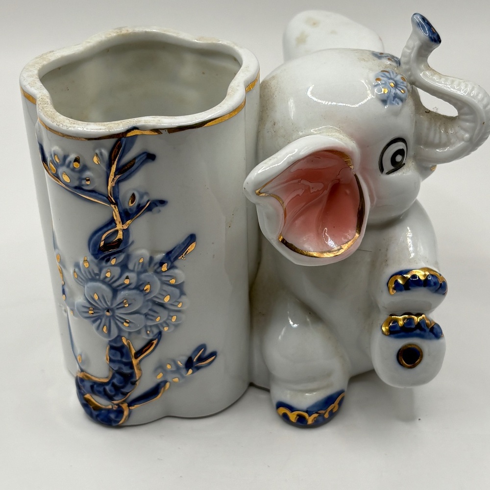 Vintage Elephant Figurine with Floral Blue & White Vase Combination